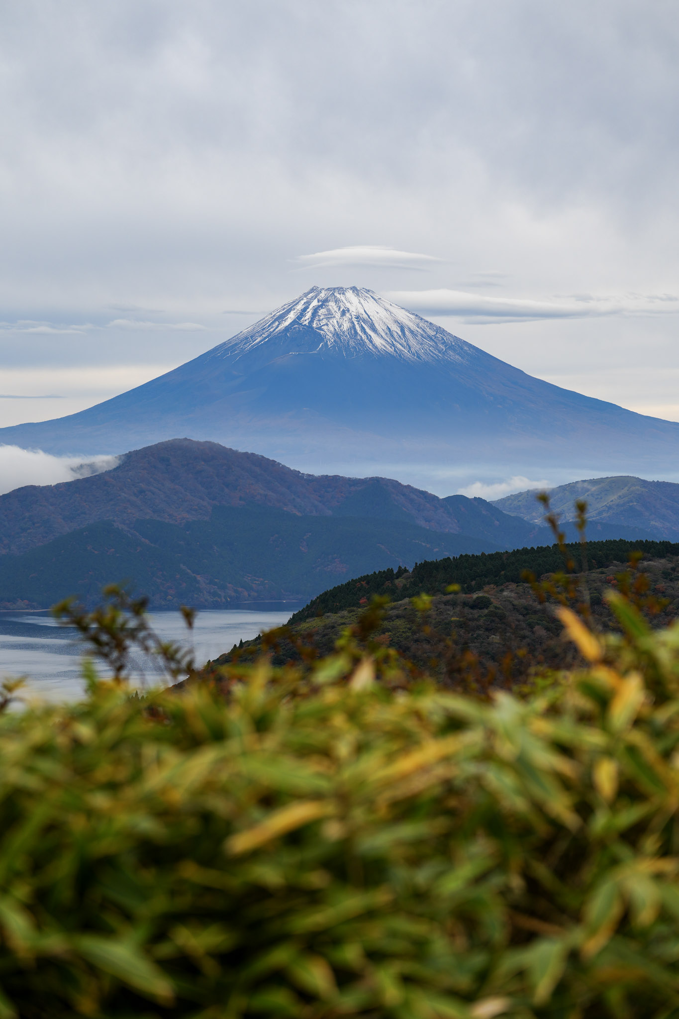 Mt. Fuji with a lenticular cloud over its peak, viewed across Lake Ashi from Hakone